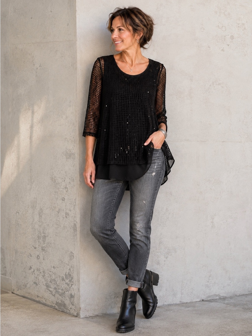 Black Sequin Mesh Layered Tunic Top L Made in Canada